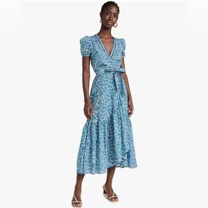 Poupette St. Barth Baba Blue Floral Cotton Midi Dress Spring Vacation | Small